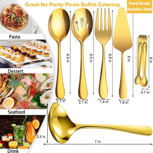 Miniatura 2 de 6 piezas de cubiertos de acero inoxidable, cucharas grandes para servir con ranuras, tenedores, pinzas para hielo y azúcar, servidor de pasteles