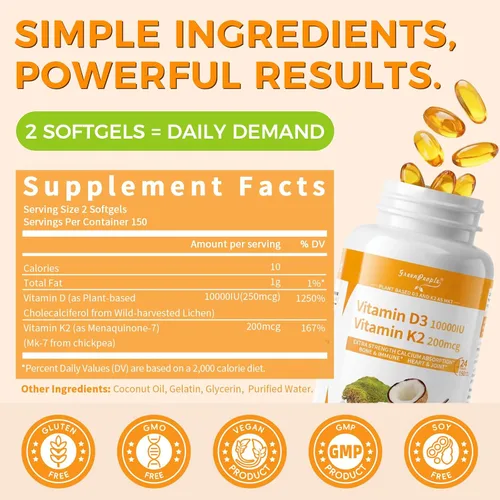Miniatura 2 de GREENPEOPLE Suplemento de vitamina K2 D3, vitamina D-3 y K-2 MK-7, 10,000 UI/200 mcg, con aceite de coco MCT virgen sin OMG 300 cápsulas blandas