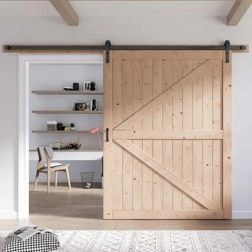 Miniatura 18 de FREDBECK - Puerta de granero de madera de 48 x 84 pulgadas con kit de herrajes para puerta de granero de 8 pies incluido, forma K, panel de abeto
