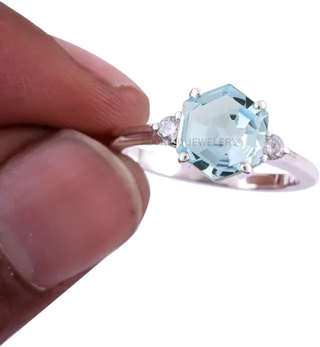 Miniatura 6 de Anillo de plata de ley 925 para mujer, anillo de diamantes de imitación de aguamarina de plata esterlina, anillo Art Deco de marzo, piedra natal