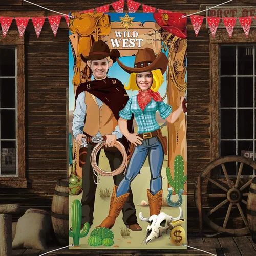 Miniatura 4 de Blulu Decoraciones de fiesta de fondo de vaquero occidental de 6 x 3 pies, decoración para cabina de fotos de rodeo del salvaje oeste, fondo