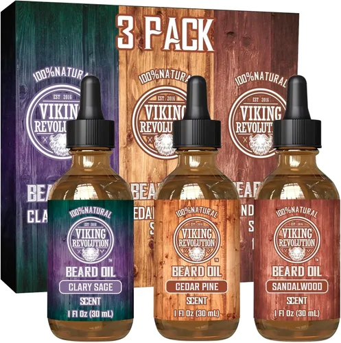 Viking Revolution Aceite para barba para hombre, paquete de 3 unidades, juego variado de aceite natural para barba para hombre, aroma de sándalo,