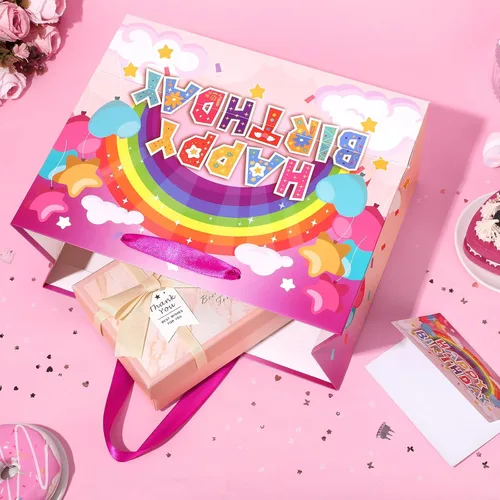 Miniatura 5 de Bolsa de regalo de cumpleaños grande para niñas y niños, bolsa de regalo de cumpleaños con tarjeta de felicitación y papel de seda, bolsa de papel