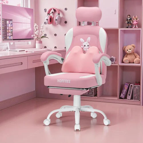 Miniatura 9 de HOFFREE Silla de juegos para computadora para niñas con lindo conejo, almohada lumbar de masaje, silla de oficina rosa para escritorio