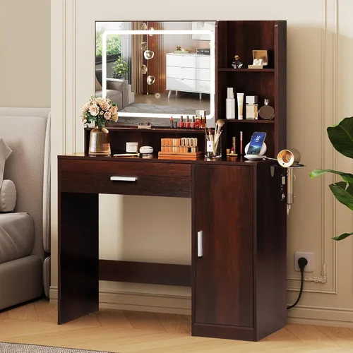 Miniatura 16 de WLIVE Escritorio de tocador con espejo y luces, mesa de maquillaje con cajón, armario y estantes abiertos, tocador de dormitorio con estación