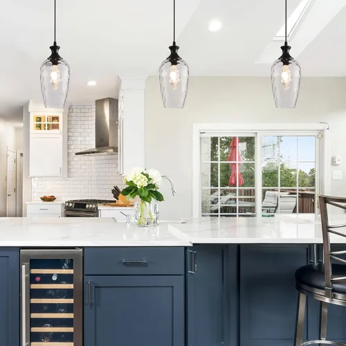 Miniatura 7 de Luces colgantes de cristal para isla de cocina, 1 luz negra con vidrio transparente soplado a mano, lámpara colgante de granja para fregadero