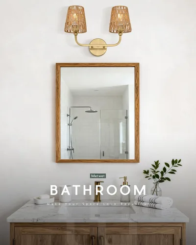 Miniatura 6 de VL837-BG-RA-2 - Lámparas de baño de 2 luces, luces de ratán dorado cepillado, aplique de doble pared con pantalla tejida a mano acampanada, apliques