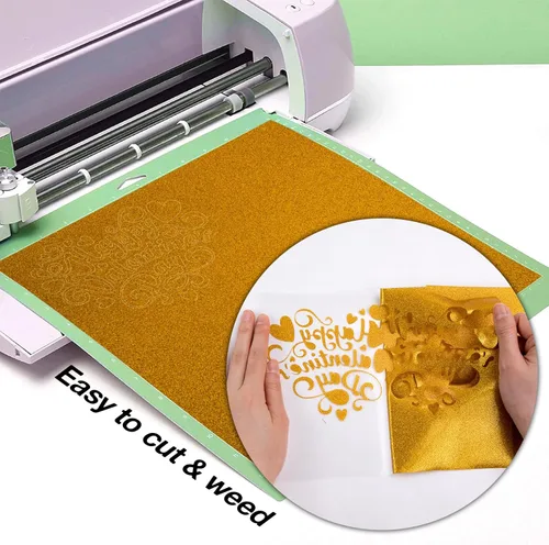 Miniatura 5 de HTVRONT - Rollo de vinilo HTV con purpurina dorada - Vinilo de transferencia de calor con purpurina dorada de 12 x 15 pies para camisas, vinilo