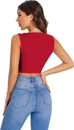 Miniatura 2 de SweatyRocks Chaleco corto con dobladillo asimétrico y botones en la parte delantera para mujer, cuello en V, sin mangas, para mujer