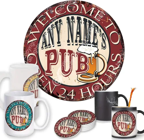 Any Name's Pub Custom Chic Sign Coaster Tazas Rústico Shabby Vintage Estilo Retro Cocina Bar Pub Cafetería Hombre Cueva Decoración Ideas de Regalo