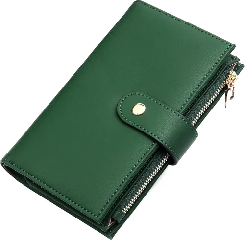 Miniatura 21 de yiijay Cartera para mujer con bloqueo RFID, de cuero vegano, triple pliegue, tarjetero para tarjetas de crédito, cartera de viaje con soporte