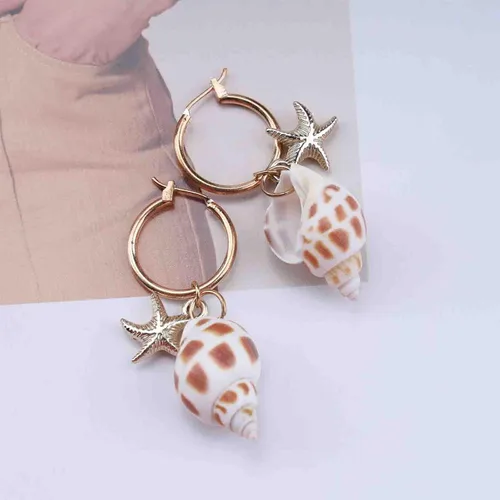 Miniatura 3 de Erimberate Aretes de aro de concha de concha de mar bohemios, aretes colgantes de estrella de mar dorados, aretes de concha, aretes de estrella