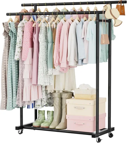 Abiglifty Perchero de doble barra para colgar ropa, perchero con ruedas, organizador portátil de armario para lavandería, habitación (negro)