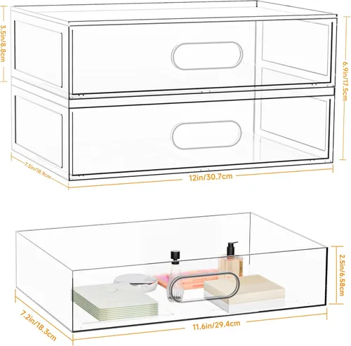 Miniatura 3 de Paquete de 2 cajones transparentes de almacenamiento de maquillaje, organizadores de baño apilables de 12 pulgadas de ancho y cajón