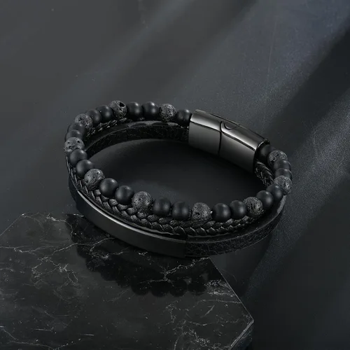 Miniatura 5 de Pulsera de cuentas de piedra volcánica de piedra volcánica de ónix negro y ojo de tigre mate para hombre, pulsera de cuero trenzado negro para hombre