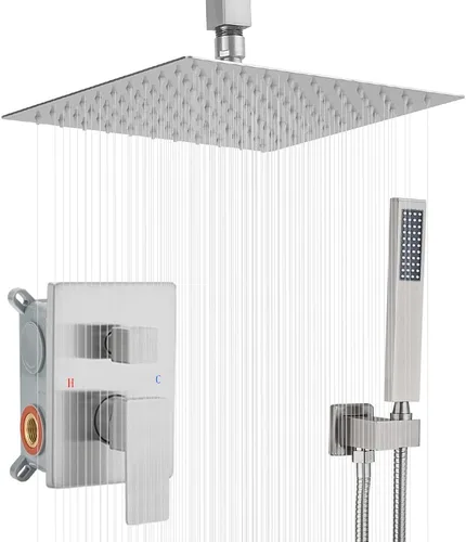 Miniatura 11 de Sistema de ducha de níquel cepillado para baño de 12 pulgadas, cabezal de ducha de lluvia, montaje en techo con juego combinado de ducha de mano