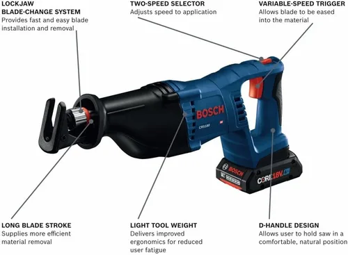 Miniatura 2 de BOSCH CRS180-B15 Kit de sierra recíproca con mango en D de 18 V, 1-1/8 pulgadas, con (1) batería de alimentación avanzada CORE18V 4 Ah