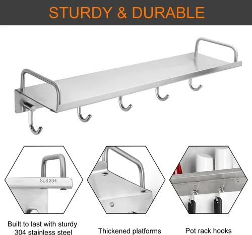 Miniatura 3 de Audmore Estante para utensilios de cocina, estante de especias con ganchos para montaje en pared, estante sobre la estufa, acero inoxidable, estante