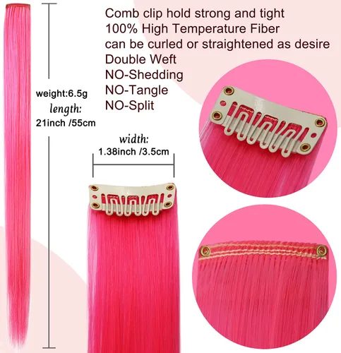 Miniatura 5 de 16 extensiones de cabello de color azul y rosa, lacio, sintético, con reflejos, para fiestas, fiestas, 21 pulgadas, extensiones coloridas