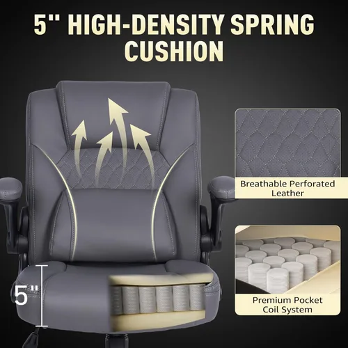 Miniatura 4 de Silla de oficina de cuero para el hogar con soporte lumbar, asiento acolchado de 5 pulgadas, pequeña silla mecedora de escritorio de cuero PU, Gris