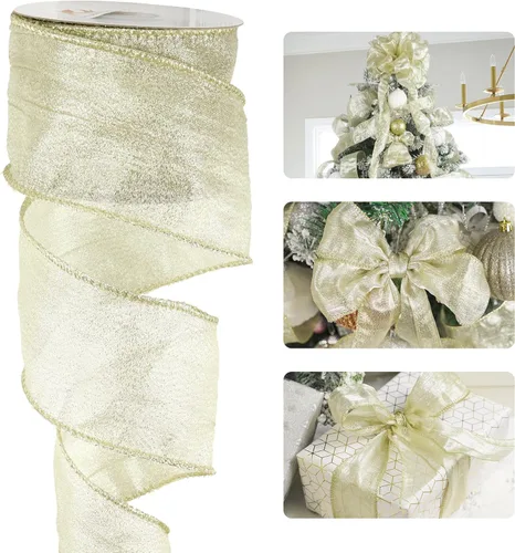 Miniatura 15 de HUIHUANG Cinta verde musgo con alambre de 2.5 pulgadas, seda arrugada verde con cinta de Navidad metálica dorada para suministros de corona, boda