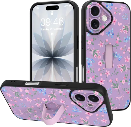 Miniatura 10 de Funda diseñada para iPhone 17 Pro Max con soporte plegable y correa para dedos, bonito patrón de lazo de corazón de flor rosa para mujeres y niñas