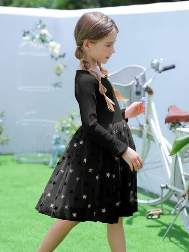 Miniatura 3 de Vestidos de manga larga tutú para niña, vestido de tul esponjoso para otoño, invierno, rosa y negro, vestidos de 4 a 8 años