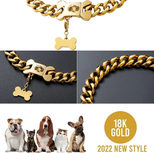 Miniatura 7 de Collar de perro con cadena de oro de 0.71 pulgadas, eslabones cubanos con hebilla de presión segura, collar de metal para Pitbull pequeño y mediano