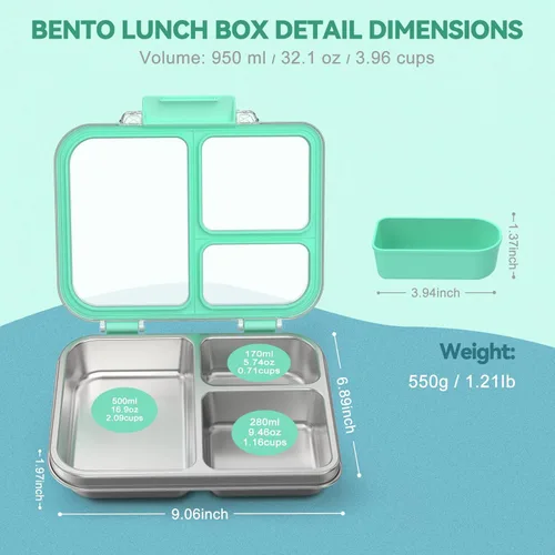 Miniatura 5 de Lonchera Bento de acero inoxidable para niños, lonchera metálica de 3 compartimentos con tapa transparente y silicona extraíble, lonchera para niños