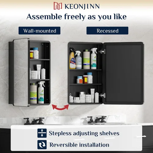 Miniatura 7 de Keonjinn Gabinetes de medicina delgados negros de 15 x 36 pulgadas, botiquín lateral estrecho para baño con espejo, marco de acero inoxidable