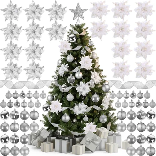 Miniatura 9 de Skylety Juego de 104 piezas de decoraciones para árbol de Navidad, adorno colgante azul de Navidad, bolas para árbol, estrella para la punta, flor