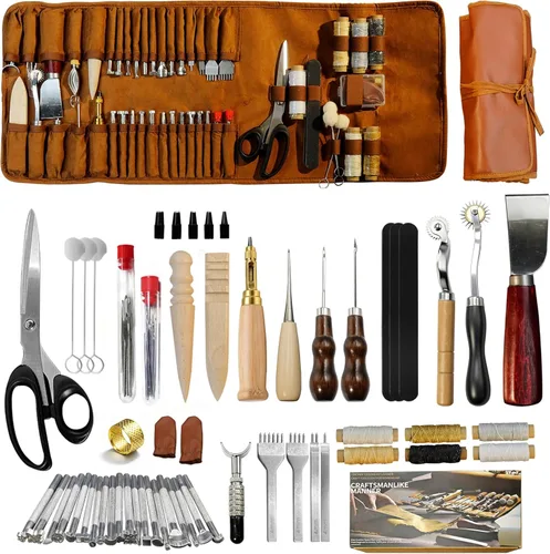 EDIETH Kit de herramientas de cuero para manualidades, kit de trabajo de 72 piezas con bolsa de almacenamiento duradera, herramientas profesionales