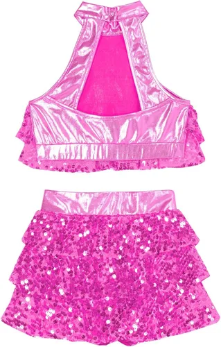 Miniatura 11 de JEATHA Top corto con borlas y lentejuelas brillantes para niñas, con minifalda, jazz latino, salsa, samba, rumba, baile
