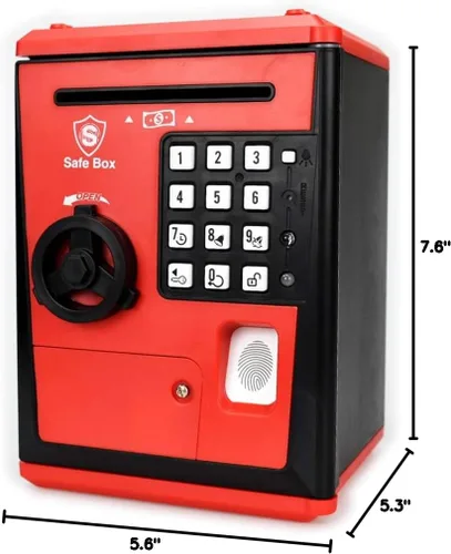 Miniatura 8 de LIKE Caja de Seguridad Hucha Juguetes para Niños con Huella Dactilar, Banco de Ahorros con Cajero Automático, Máquina de Monedas para Niños (Rojo)