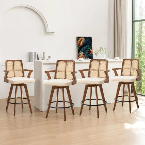 Miniatura 13 de Juego de 2 Taburetes de Mostrador - Taburetes Giratorios de 27 Pulgadas con Respaldo de Ratán, Brazos Curvos, Asiento Tapizado, Patas de Bambú Nogal