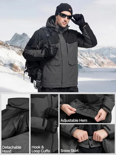 Miniatura 5 de FREE SOLDIER Chaqueta de esquí impermeable para hombre, abrigo cálido de invierno para nieve, snowboard con múltiples bolsillos, capucha desmontable