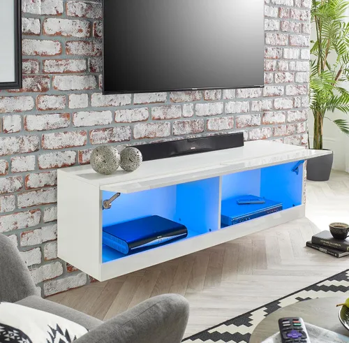 Miniatura 2 de MMT Furniture Designs Ltd Soporte de TV con luz LED azul de 55 pulgadas, soporte de TV brillante flotante montado en la pared, estante de TV