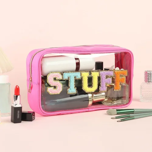 Miniatura 5 de Bolsa de maquillaje grande con letras de felpilla transparente para viajes, playa, bolsa de cosméticos con purpurina transparente, bolsa de Negro