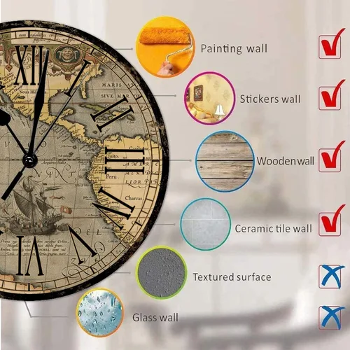 Miniatura 7 de Reloj de pared redondo de madera de estilo rústico, mapa del mundo retro, números romanos, reloj de madera, funciona con pilas, silencioso, sin