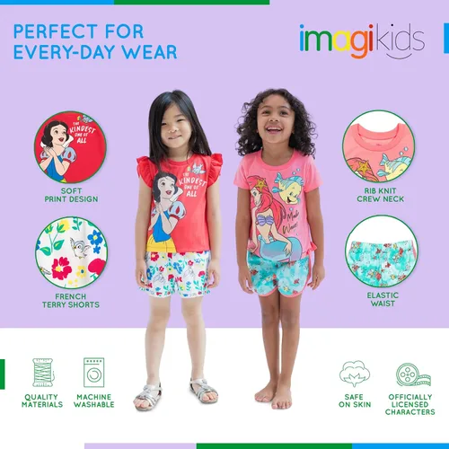 Miniatura 4 de Disney Frozen Moana Princess Tiana - Conjunto de camiseta floral y pantalones cortos de rizo francés para niños pequeños y grandes