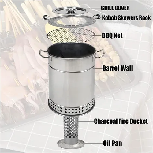 Miniatura 8 de Parrilla de barbacoa de barril de carbón ahumador, estufa colgante para barbacoa, parrilla de barbacoa de acero inoxidable con 20 pinchos de kabob