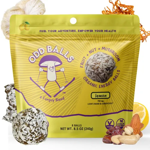 Miniatura 5 de ODD BALLS - Bolas energéticas orgánicas de cereza – Bocadillo de hongos con melena de león y cordyceps – 750 mg por porción para concentración