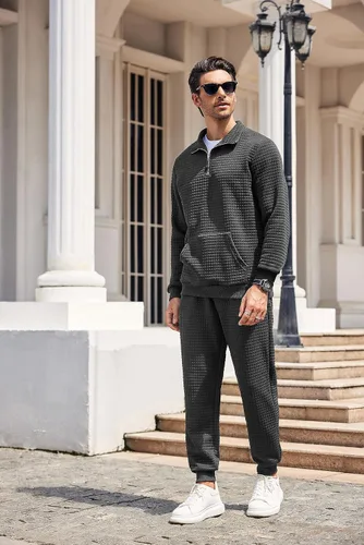 Miniatura 8 de COOFANDY Conjunto deportivo de 2 piezas para hombre, ajuste relajado, con media cremallera, para correr