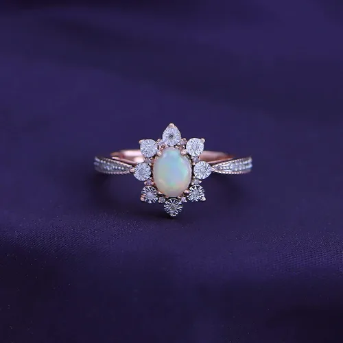 Miniatura 2 de Anillo de compromiso de ópalo blanco natural de corte ovalado de 0.236 x 0.157 in con marco de explosión de sol de diamante, anillo de compromiso