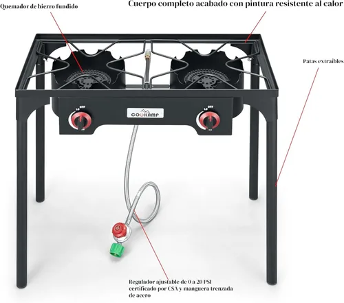 Miniatura 3 de COOKAMP - Estufa de camping portátil de doble quemador de propano de alta presión con regulador ajustable de 0-20 PSI y manguera de acero trenzada