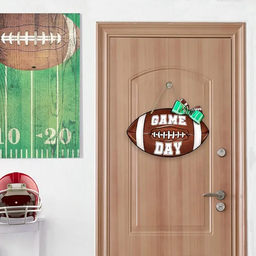 Miniatura 5 de Deroro Letrero de día de juego de fútbol para decoración de puerta delantera, colgador de puerta de madera deportiva de rugby para porche exterior
