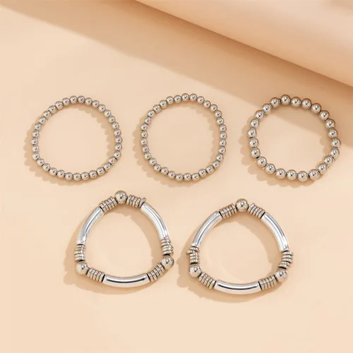 Miniatura 5 de Juego de 5 pulseras de cuentas de oro para mujer, juego de pulseras apilables de bolas de cuentas chapadas en oro de 14 quilates, pulseras