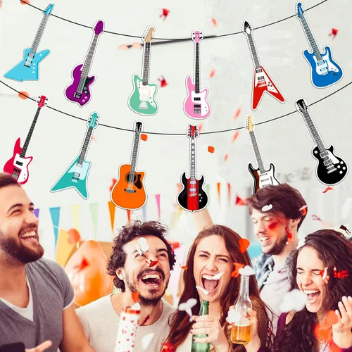 Miniatura 6 de Cartel de feliz cumpleaños de guitarra, decoración geométrica multicolor para fiestas temáticas de música para niños y niñas, 5 x 78 pulgadas
