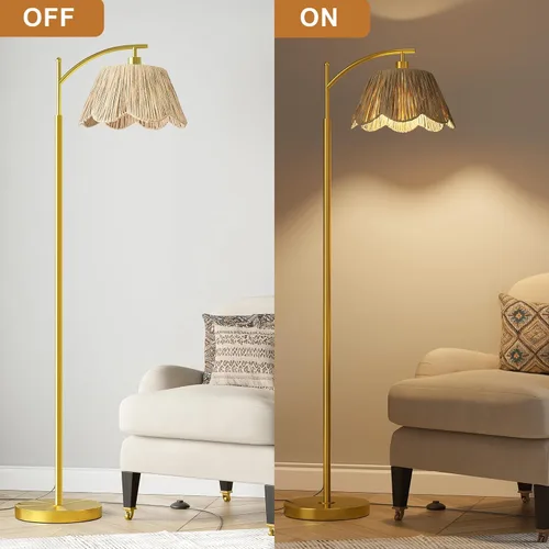 Miniatura 5 de Oneach Lámpara de pie arqueada para sala de estar, lámpara de pie de ratán boho con pantalla tejida a mano, interruptor a pedal, base y poste de Oro