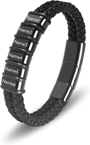 Miniatura 25 de Pulsera personalizada para hombre con cuentas de nombre personalizadas, pulsera de cuero trenzado personalizada grabada con 2-6 nombres